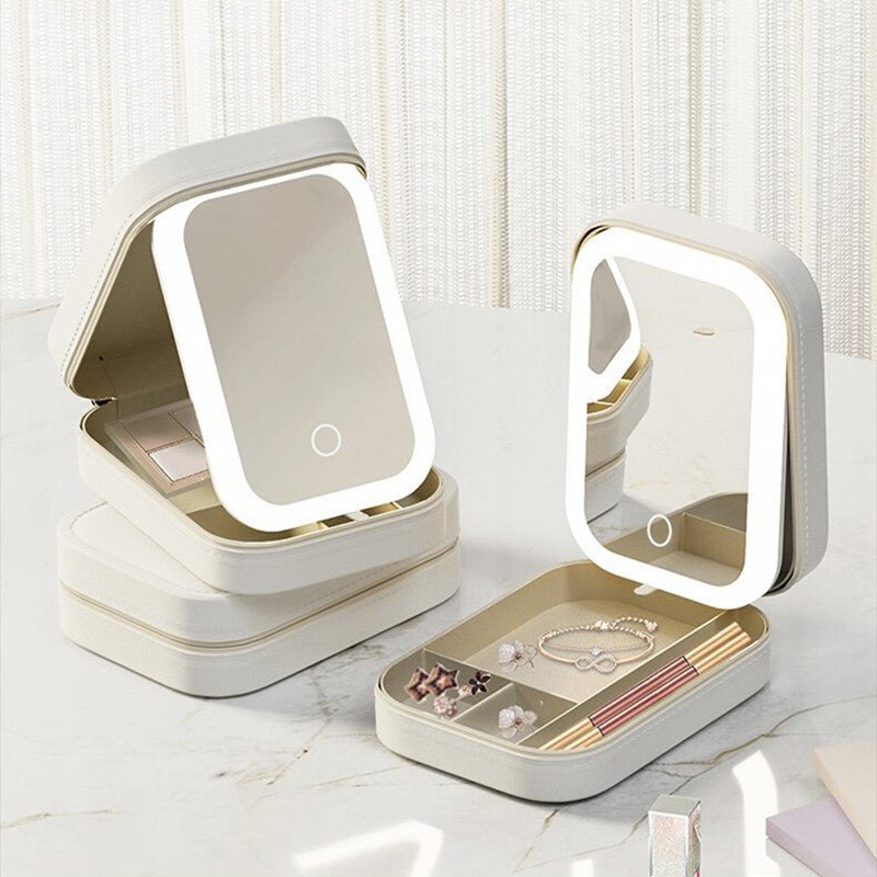 LED Makeup Storage Box with Mirror – Portable & Touch-Activated Organizer